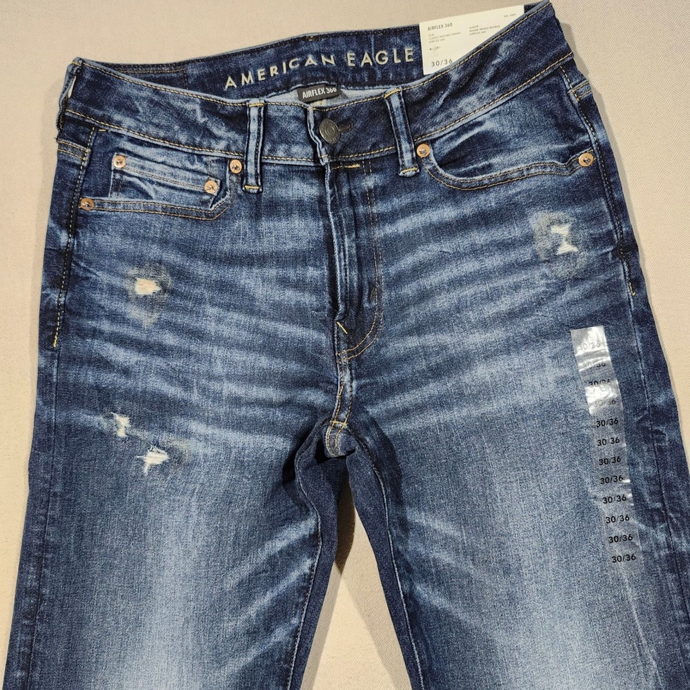 American Eagle AIRFLEX 360‎ Slim Jeans Mens 30x36 Cloudy Patched Indigo Denim